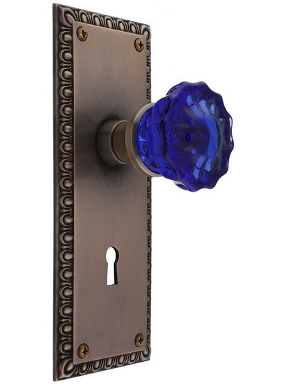 Ovolo Door Set with Colored Fluted Crystal Glass Knobs and Keyhole in Antique-by-Hand, , Cobalt Blue Crystal.